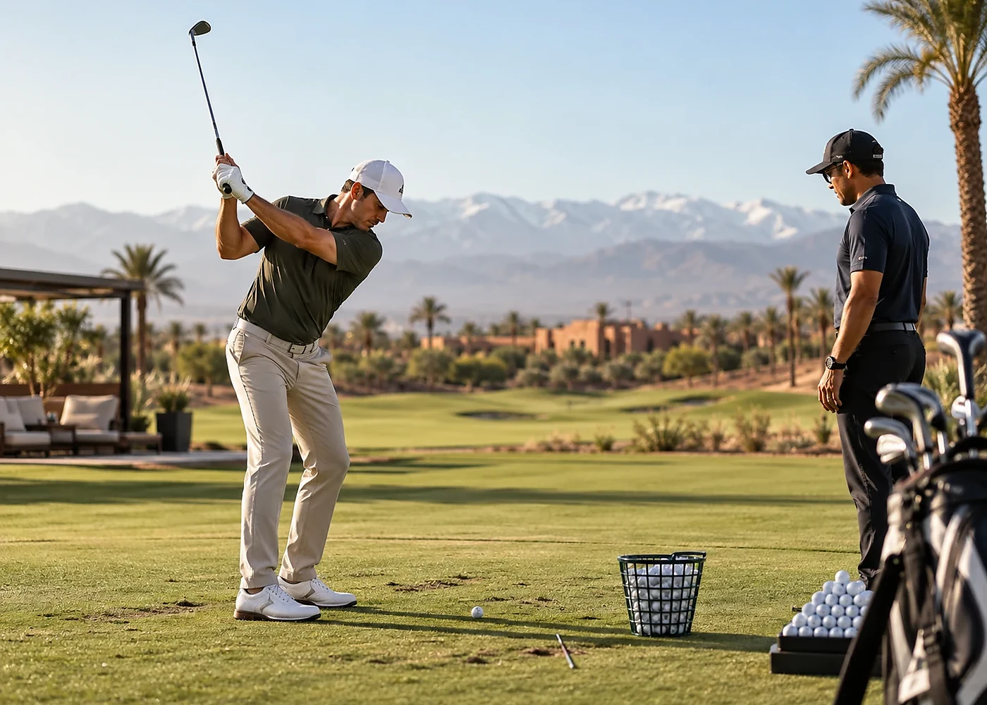 Coaching et travail du swing sur un practice de golf à Marrakech