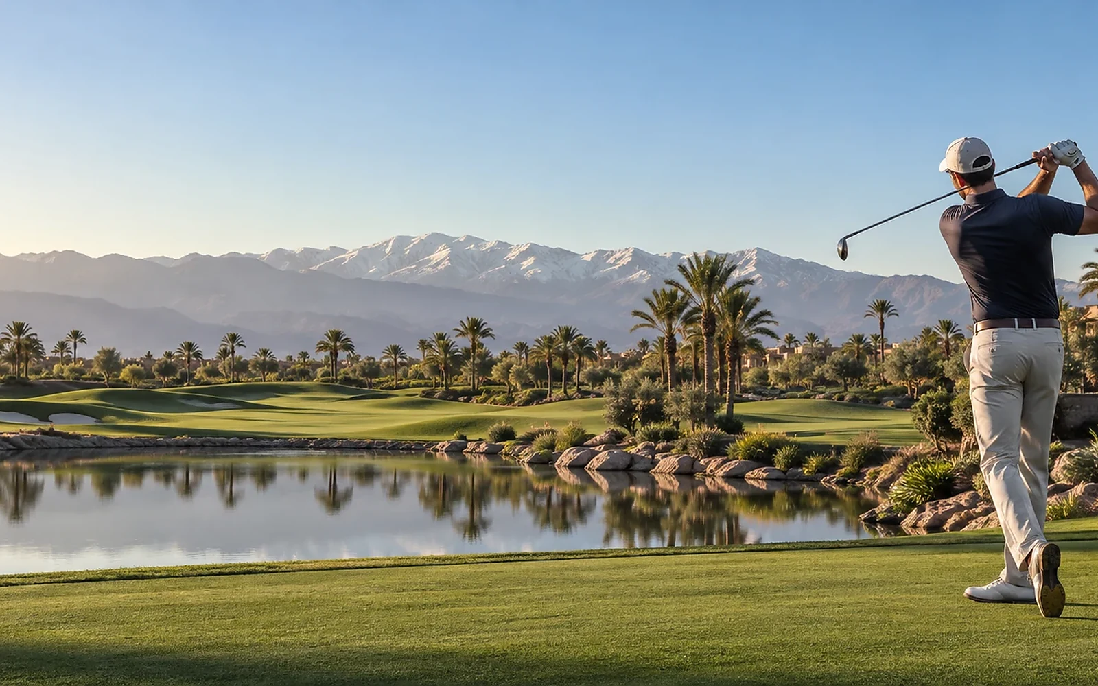 Joueur de golf sur un parcours à Marrakech avec l’Atlas en arrière-plan